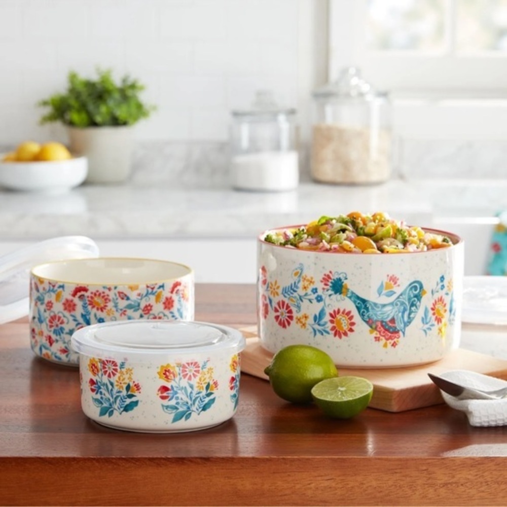 Pioneer Woman Mazie Round Ceramic Nesting Bowls Lids 6-Piece Country Kitchen‎